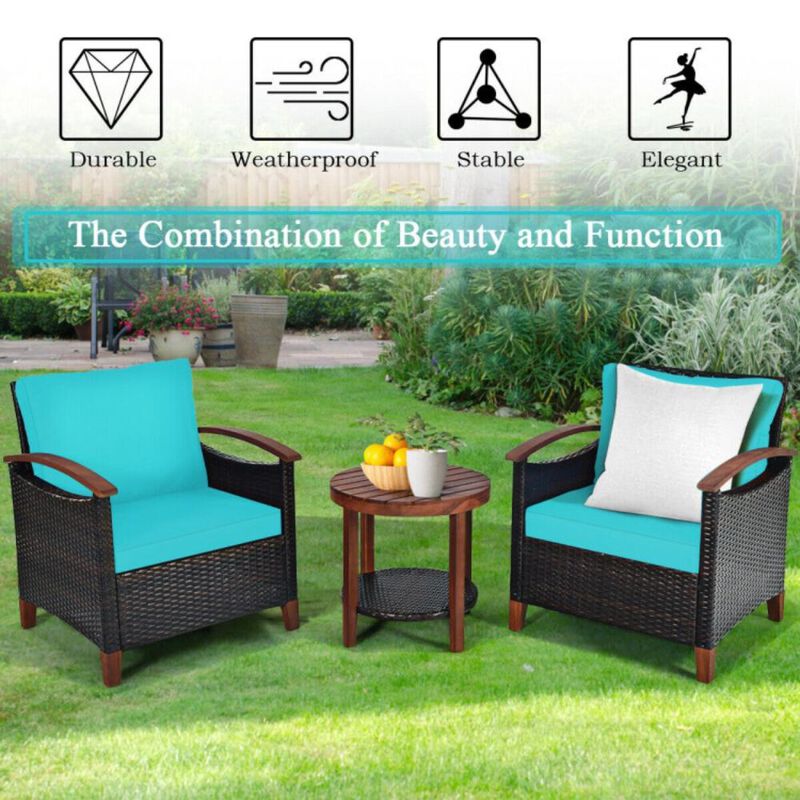 Hivvago 3 Pieces Patio Wicker Furniture Set with Washable Cushion and Acacia Wood Tabletop