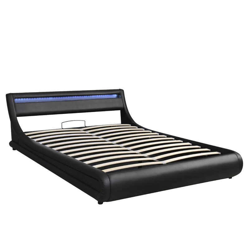 Upholstered PU Leather Platform bed with a Hydraulic Storage System with LED Light Headboard Bed Frame with Slatted Queen Size