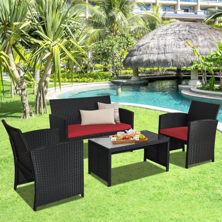 Hivvago 4 Pieces Rattan Patio Furniture Set with Weather Resistant Cushions and Tempered Glass Tabletop