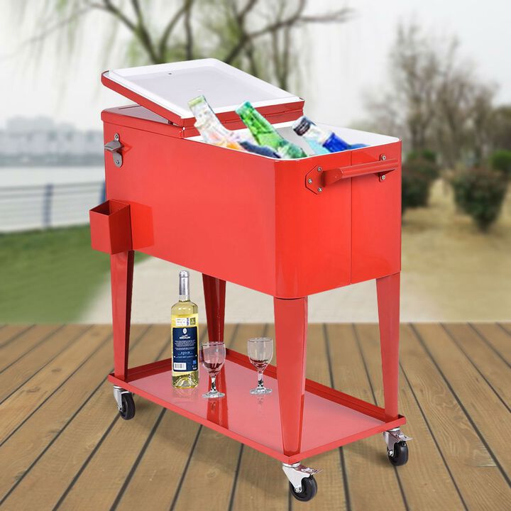 Hivvago 80 Quart Red Sturdy Rolling Steel Construction Cooler