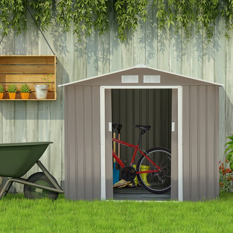 Outsunny 7' x 4' Outdoor Storage Shed, Garden Tool House with Foundation, 4 Vents and 2 Easy Sliding Doors for Backyard, Patio, Garage, Lawn, Gray