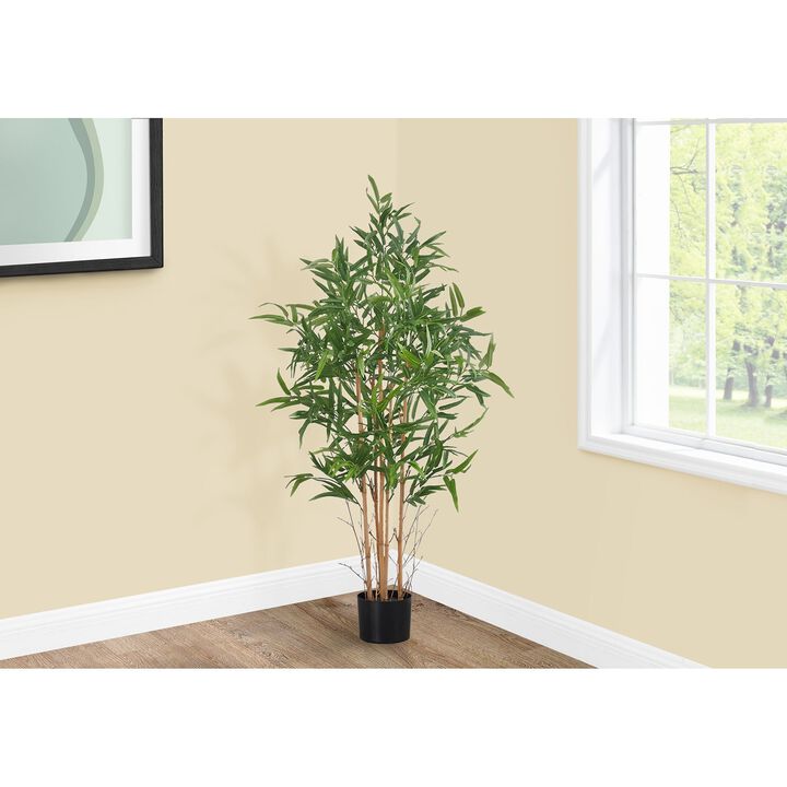 Monarch Specialties I 9563 - Artificial Plant, 50" Tall, Bamboo Tree, Indoor, Faux, Fake, Floor, Greenery, Potted, Decorative, Green Leaves, Black Pot