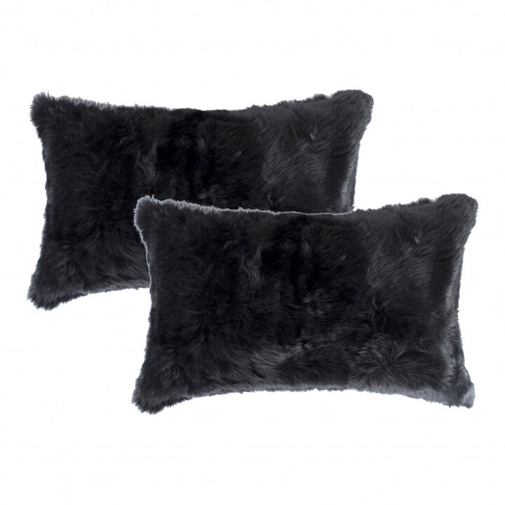 Homezia Set Of Two 12" X 20" Black Rabbit Natural Fur Throw Pillows