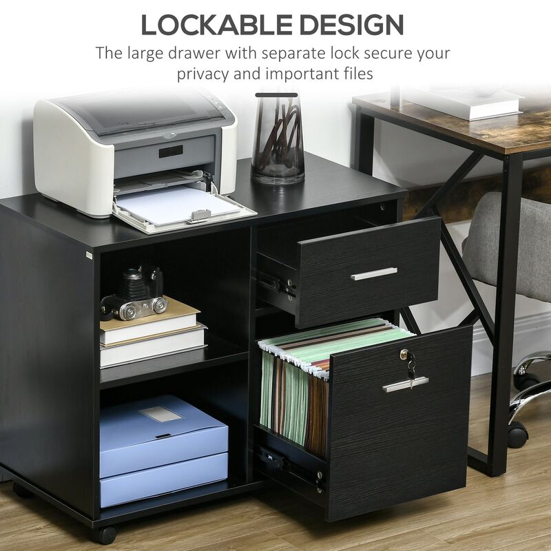 Black Office Organizer: Wheeled Lateral File Cabinet with Shelves