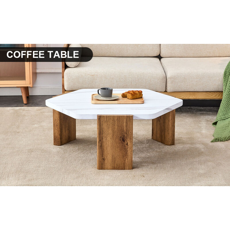 Modern MDF Coffee Table with White Top & Wooden Legs