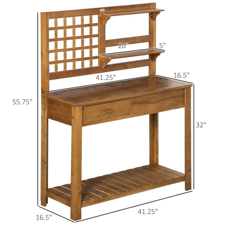 Potting Bench Table, Garden Work Bench, Outdoor Wooden Workstation with Tiers of Shelves and Drawer for Patio, Courtyards, Balcony, Brown