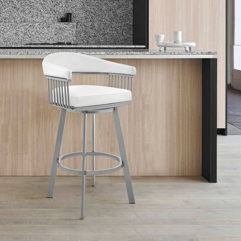 Bronson Bar Height Swivel Bar Stool in Silver finish and White Faux Leather