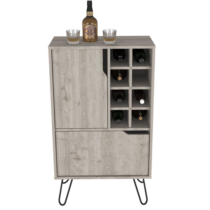 DEPOT E-SHOP Zamna L Bar Single Door Cabinet, Eight Built-in Wine Rack, Four Legs, Light Gray