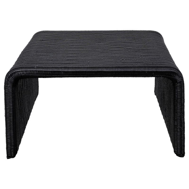 Gigi 36 Inch Coffee Table, Black Woven Rattan, Square Waterfall Edges - Benzara