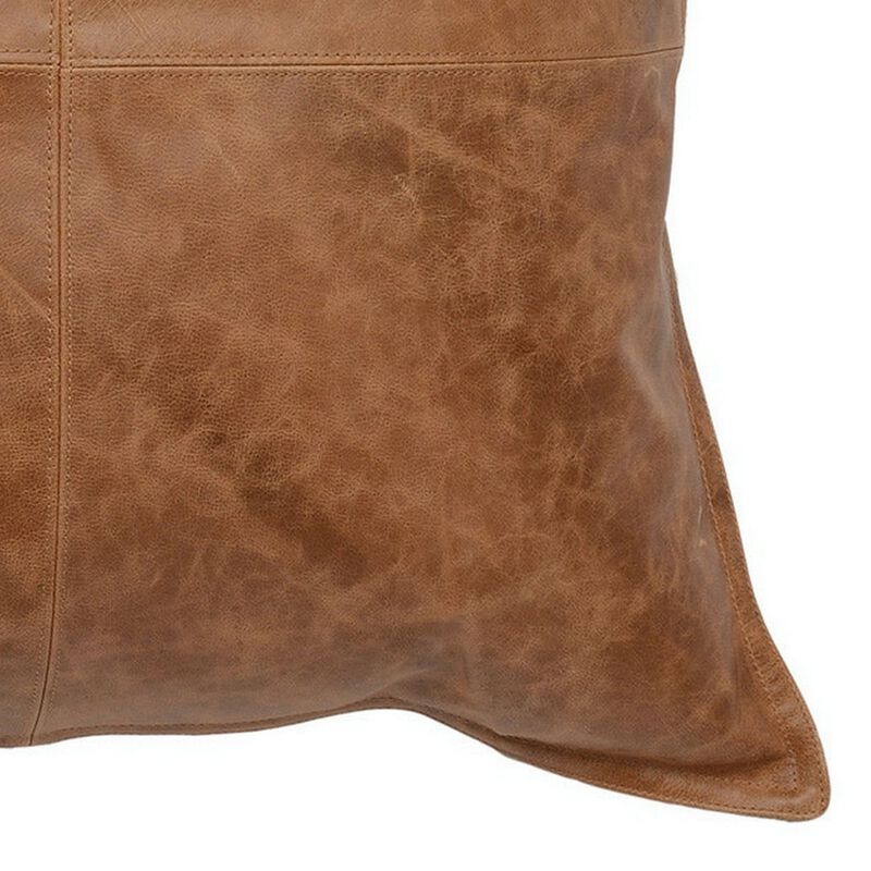 Square Leatherette Throw Pillow with Stitched Details, Brown-Benzara