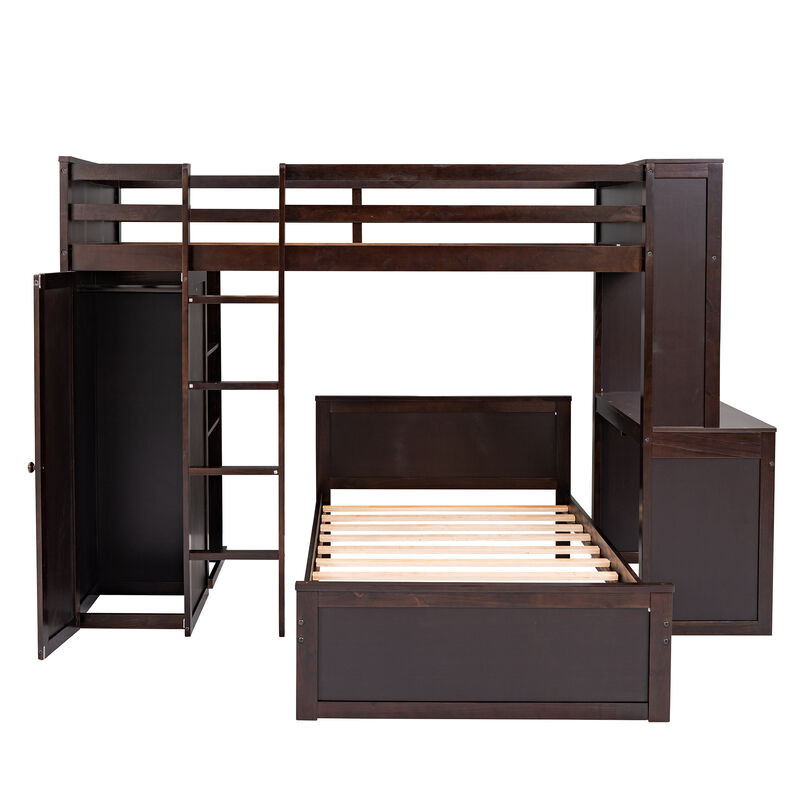 Merax Loft Bed with Storage Shelves and Wardrobe