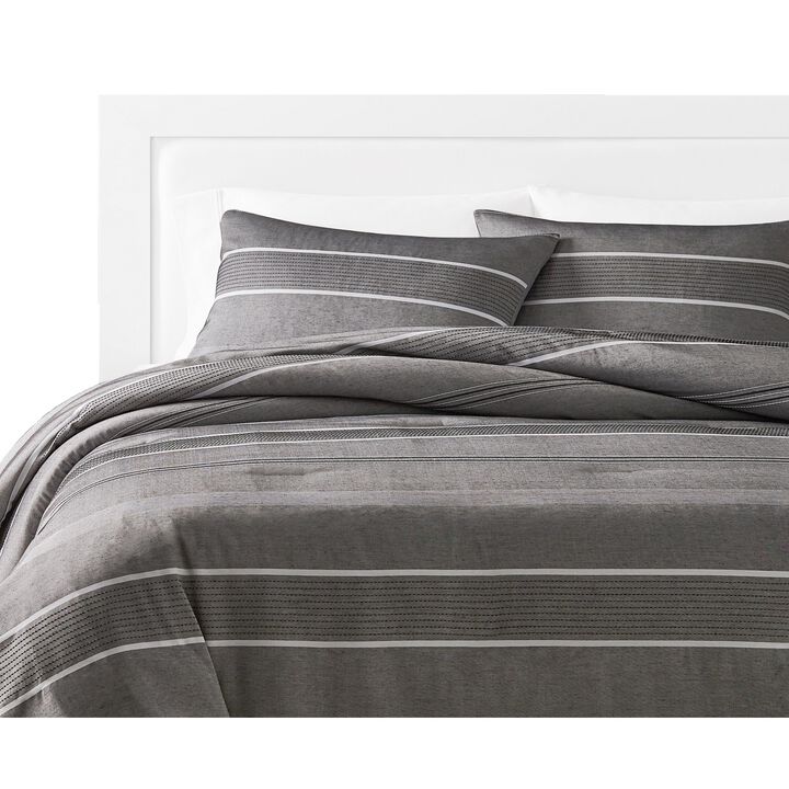 Arlo 3 Piece Queen Size Comforter Set, Striped Woven Jacquard, Soft Gray - Benzara