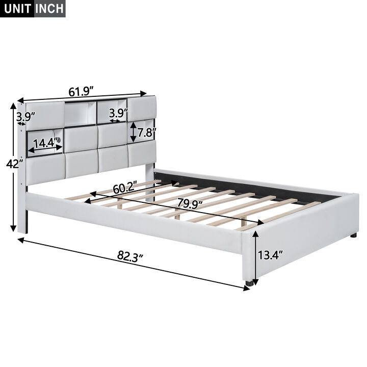 Queen Size Upholstered Platform Bed with LED, Storage and USB, Beige