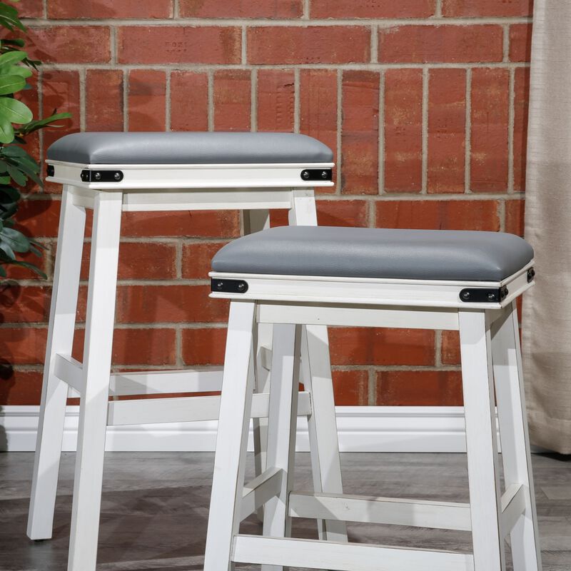 24" Counter Stool, Antique White, Gray Leather Seat