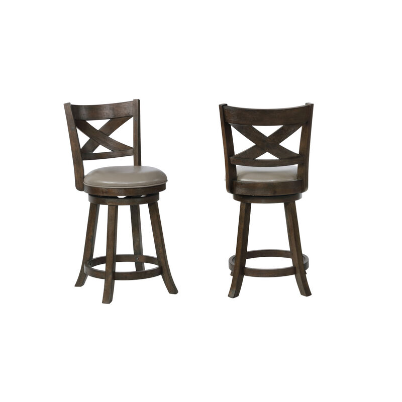 2Pc Beautiful Elegant Upholstered Low Swivel Chair Stool Faux Leather Upholstery Padded Back Kitchen Dining Rustic Gray