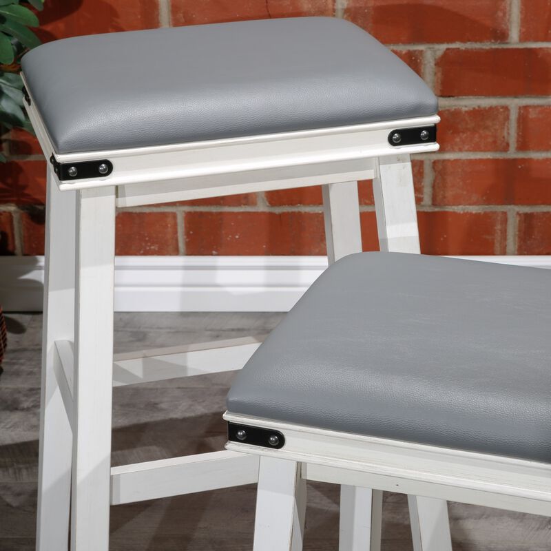 24" Counter Stool, Antique White, Gray Leather Seat