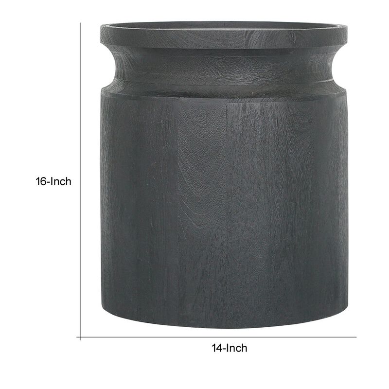16 Inch Side End Table, Modern Cylinder Jar Like Design, Mango Wood, Black - Benzara