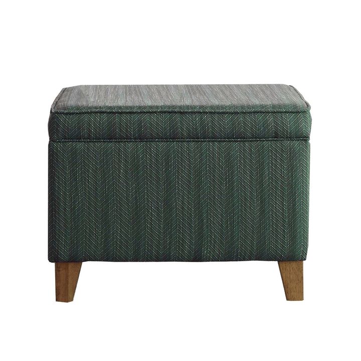 Rectangular Fabric Upholstered Wooden Ottoman with Lift Top Storage, Green - Benzara