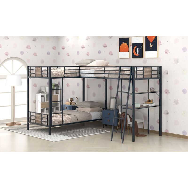 L-Shaped Twin Over Twin Bunk Bed With Twin Size Loft Bed With Desk And Shelf, Brown