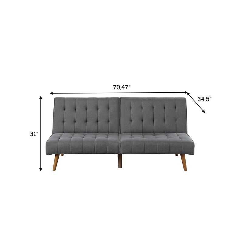 Ara 71 Inch Adjustable Futon Sofa Bed, Plush Cushioning, Tapered Legs, Gray - Benzara