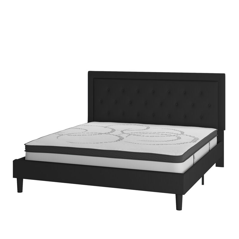 Roxbury King Size Tufted Upholstered Platform Bed in Black Fabric with 10 Inch CertiPUR-US Certified Pocket Spring Mattress