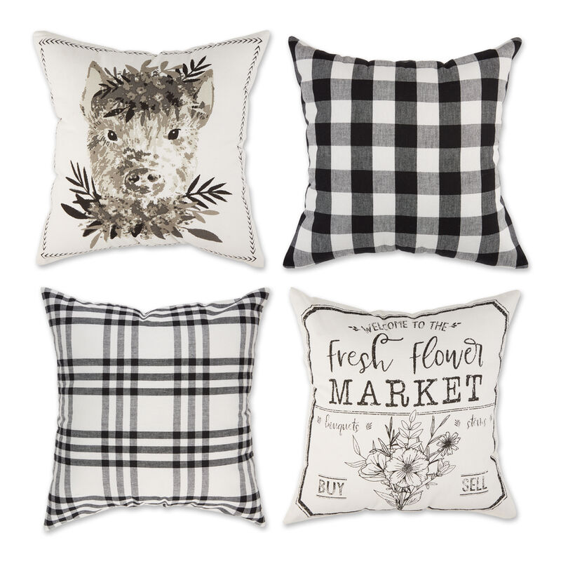 Set of 4 Black and White Market Checkered Square Throw Pillow Covers 18"