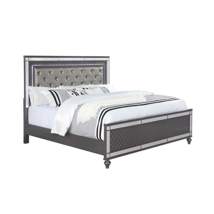 Benjara Reff Queen Size Bed, Button Tufted Fabric Upholstery, Modern Wood, Gray and Silver