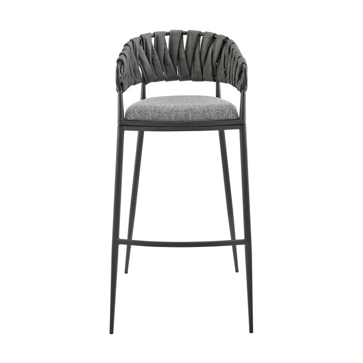 Mimy 26 Inch Counter Stool Chair, Gray Faux Leather Strap Back, Black Iron - Benzara