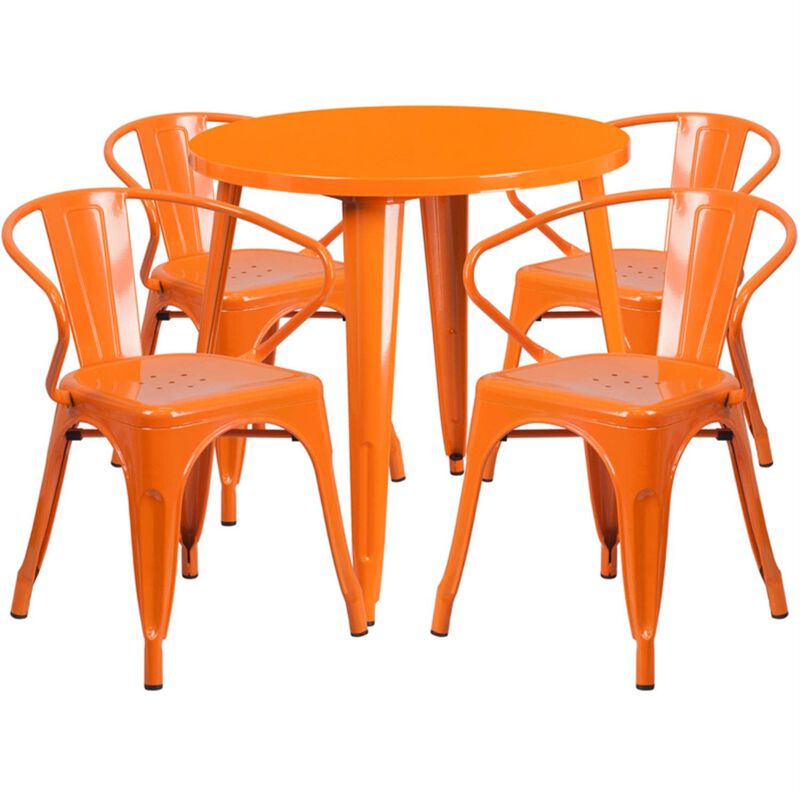 Flash Furniture Commercial Grade 30" Round Orange Metal Indoor-Outdoor Table Set with 4 Arm Chairs