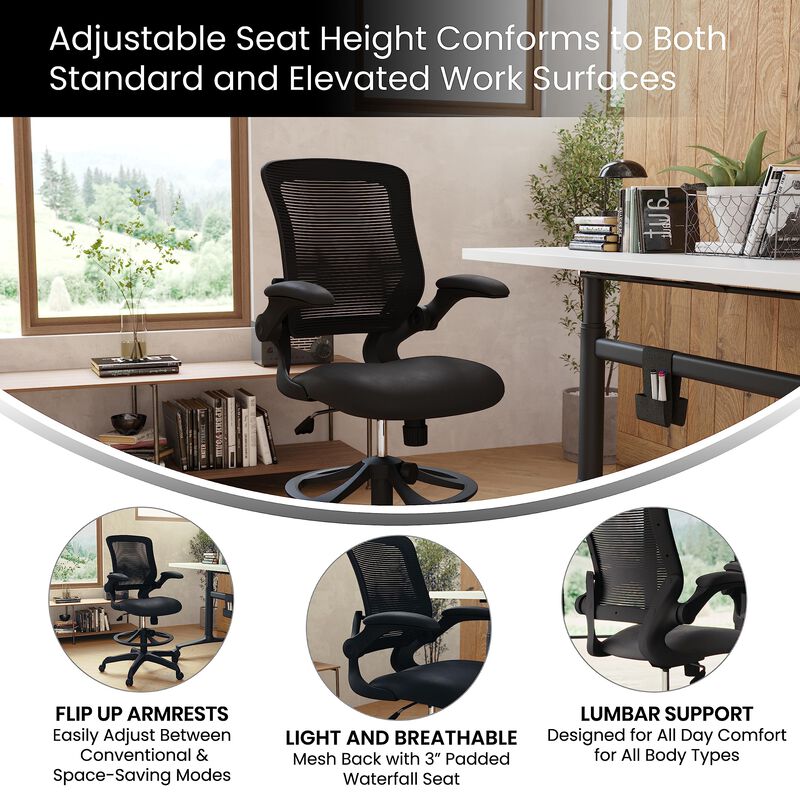 Flash Furniture Kale Mid-Back Swivel Office Chair with Adjustable Foot Ring, Lumbar Support, and Seat Height, Ergonomic Mesh Executive Chair with Armrests, Black