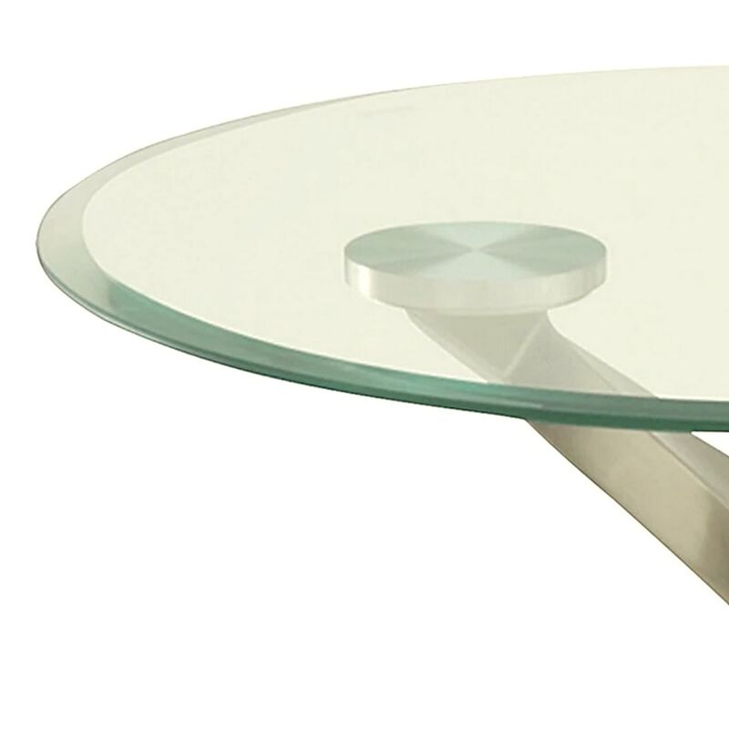 Modern Round Glass Top End Table with Twisted Metal Base, Silver and Black-Benzara