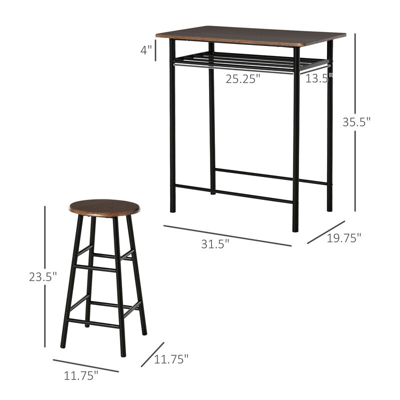 HOMCOM 3 Piece Counter Height Bar Table and Chairs Set, Space Saving Dining Table with 2 Matching Stools, Storage Shelf Metal Frame Footrest, Black, Brown