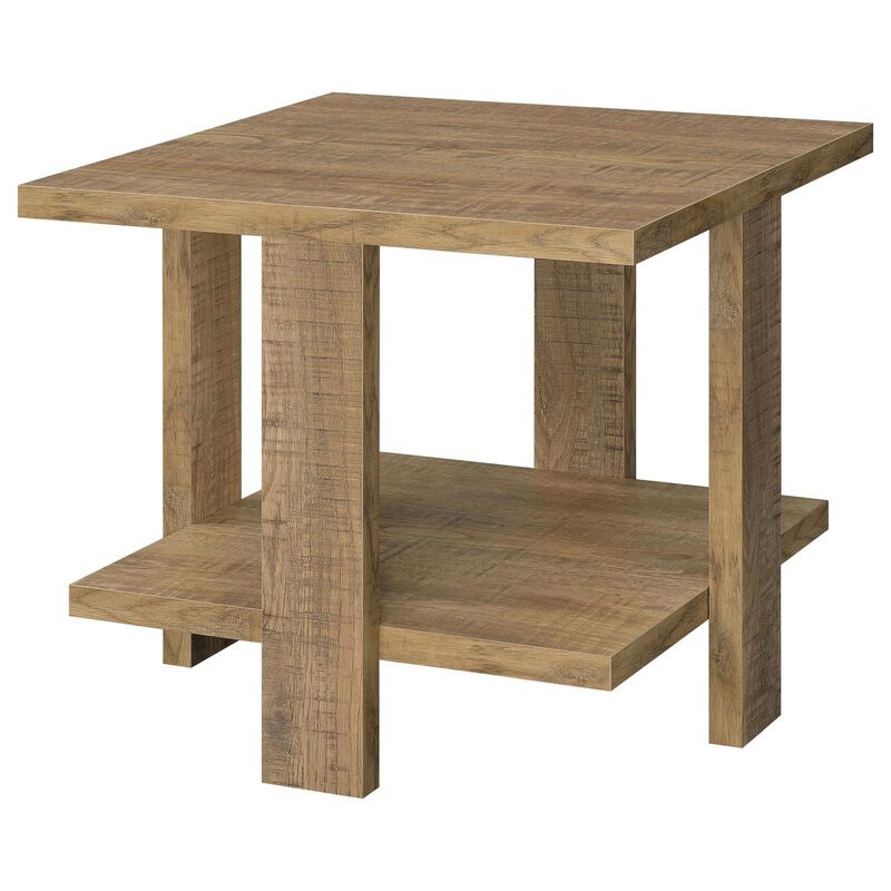 Dew 24 Inch Side End Table with Lower Shelf, Engineered Wood, Mango Brown - Benzara