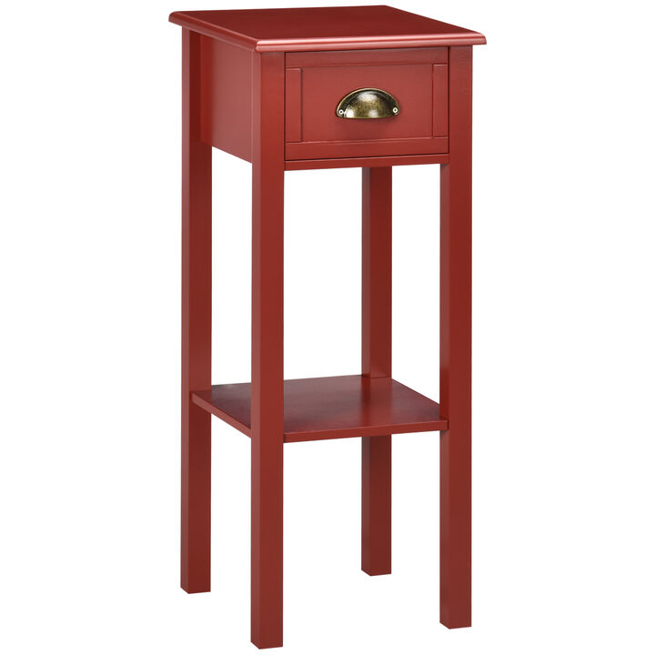 HOMCOM 2-Tier Side Table with Drawer, Narrow End Table with Bottom Shelf, for Living Room or Bedroom, Red