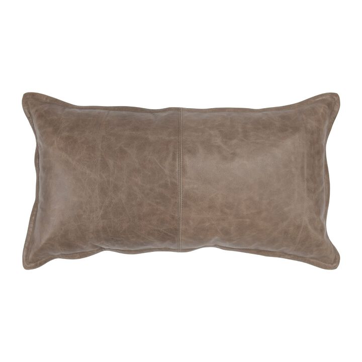 Norm 26 Inch Leather Decorative Lumbar Throw Pillow, Stitched, Taupe Brown-Benzara