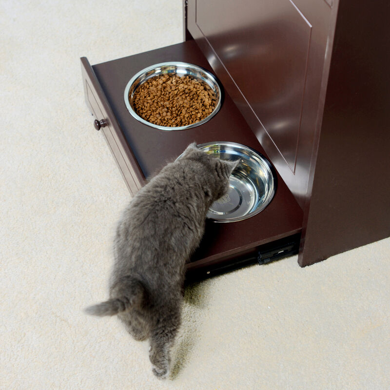 Pet Feeder Station with Storage, Made of MDF and Waterproof Painted, Dog and Cat Feeder Cabinet with Stainless Bowl