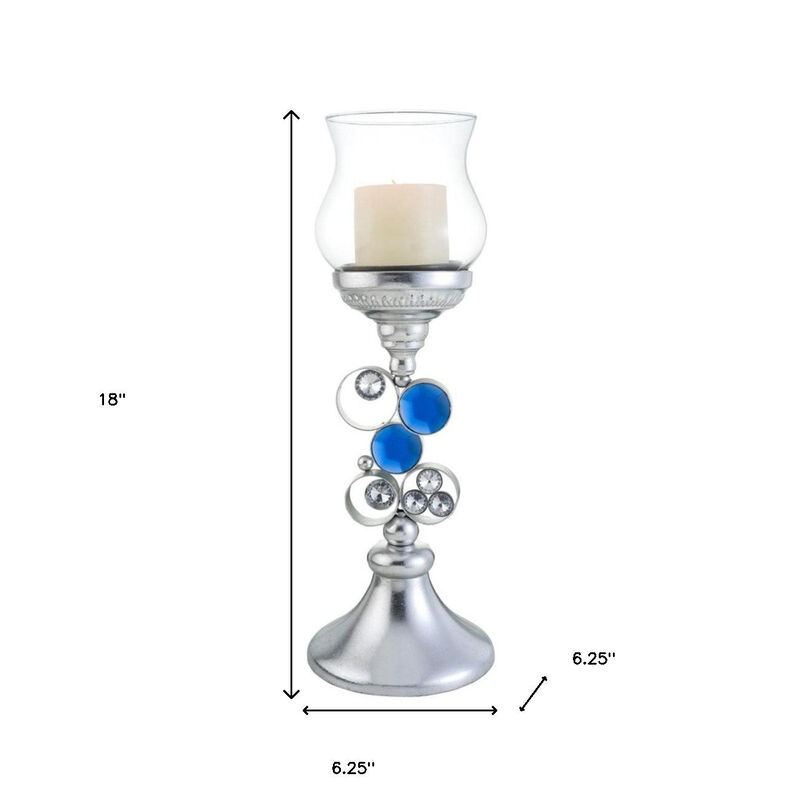 Homezia 18" Silver and Blue Faux Crystal Bling Hurricane Candle Holder