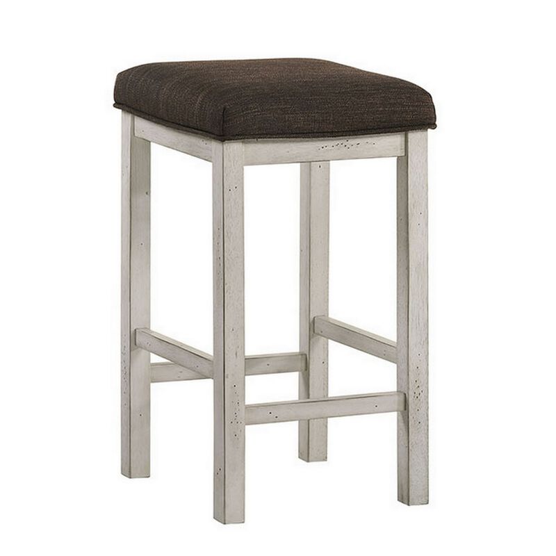 Berg 26 Inch Stool, Brown Fabric Padded Seat, White Wood Base, Set of 2 - Benzara