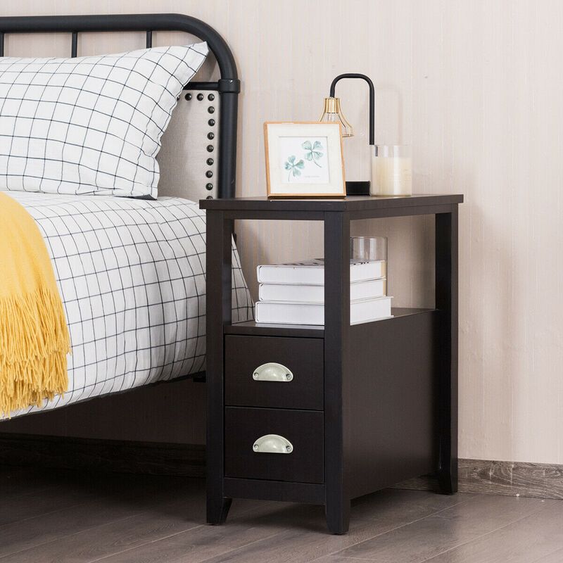 Nightstand End Table Wooden with 2 Drawers and Shelf Bedside Table