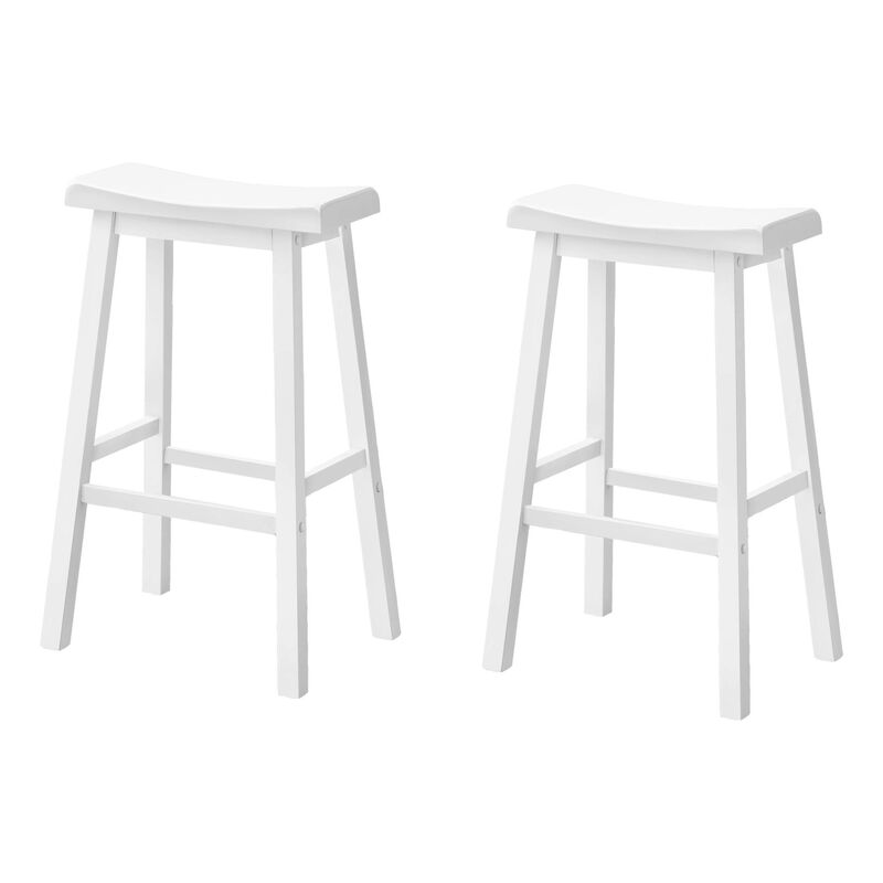 Monarch Specialties I 1534 Bar Stool, Set Of 2, Bar Height, Saddle Seat, Wood, White, Contemporary, Modern