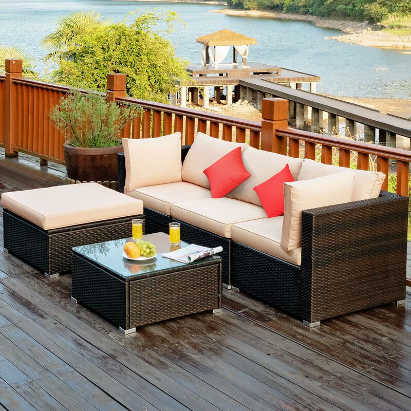 5 Pcs Outdoor Patio Rattan Furniture Set Sectional Conversation with Navy Cushions