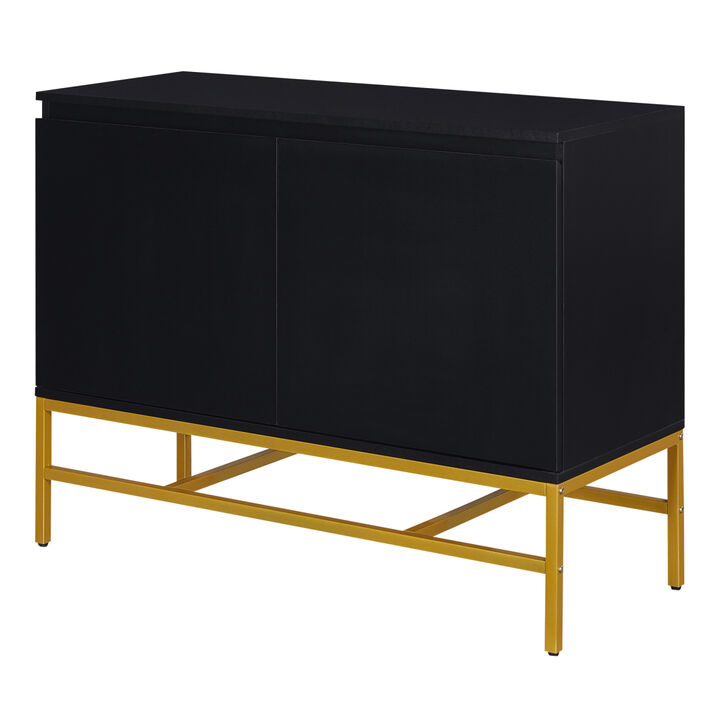 Minimalist Luxury Cabinet Two Door Sideboard with Gold Metal Legs for Living Room, Dining Room (Black)