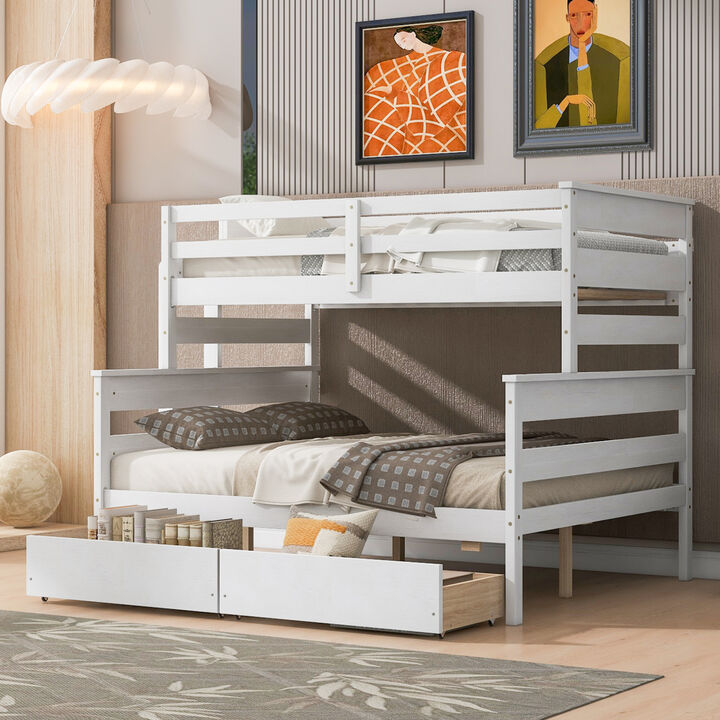 Wood Twin Over Full Bunk Bed With 2 Drawers, White