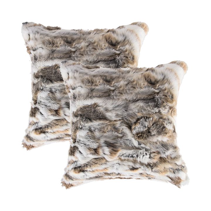 Homezia Set Of Two 18" X 18" Tan And White Rabbit  Natural Fur Animal Print Throw Pillows