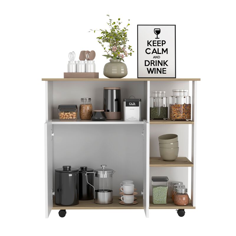 Paprika Kitchen & Dining room Cart, Four Casters , Four Open Shelves, Double Door Cabinet -Light Oak / White