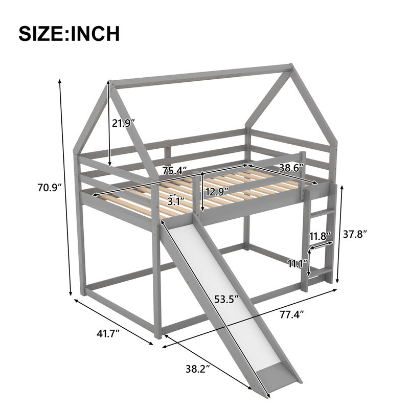 Twin Size Bunk House Bed with Slide and Ladder