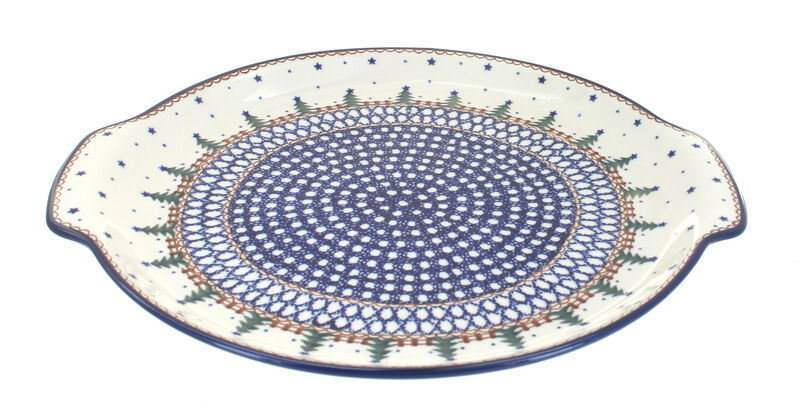 Blue Rose Polish Pottery Peacock Swirl Round Serving Tray with Handles