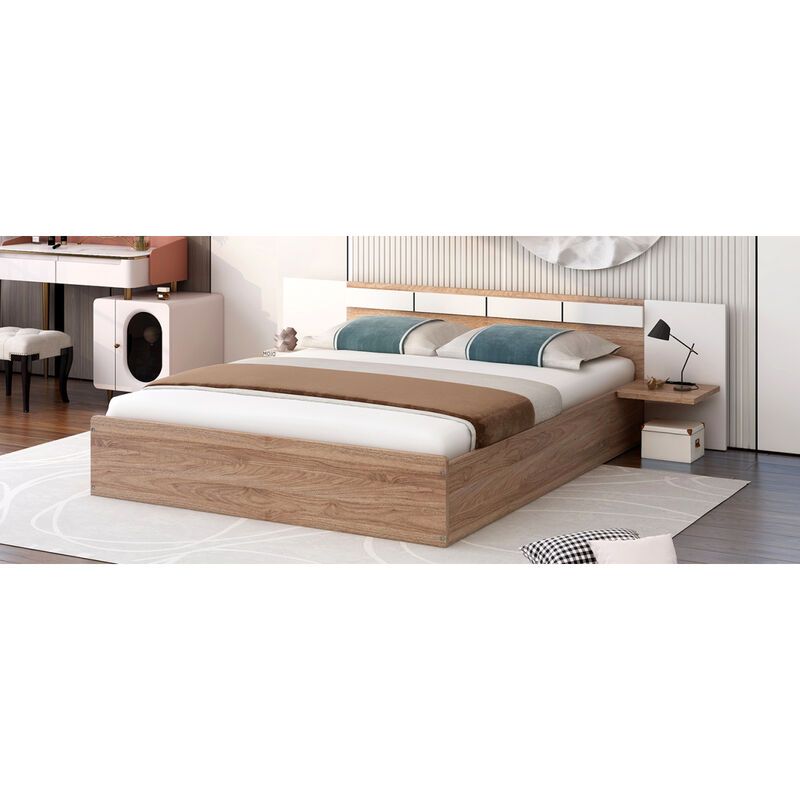 Queen Size Platform Bed with Headboard, Shelves, USB Ports and Sockets, Natural