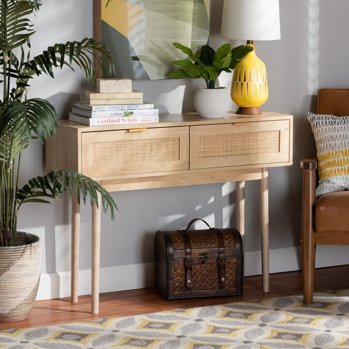 Baxton Studio Baird Mid-Century Modern Light Oak Brown Finished Wood and Rattan 2-Drawer Console Table