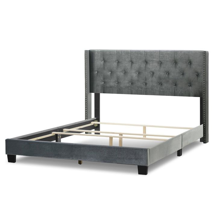 Glamour Home Asali Silver Gray Velvet Twin Bed with Button Tufting and Nail Headed Wings